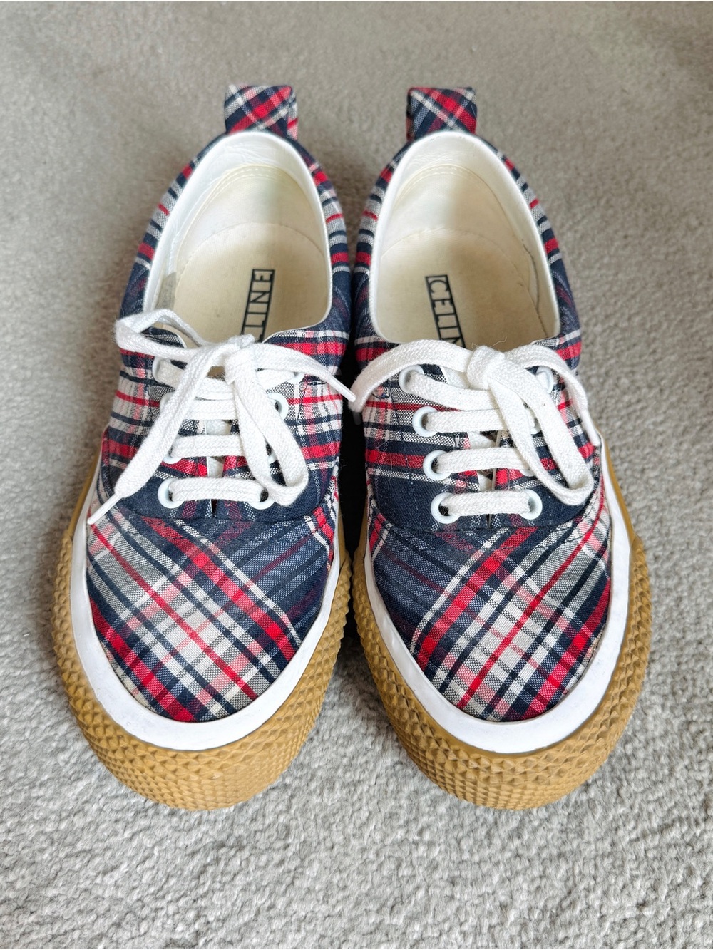 CELINE Red Plaid Lace-Up Fashion Sneakers Women's Size 37